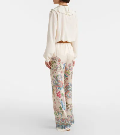 Etro Women White Pants With Elastic Drawstring Waist And All-over Floral Print In Tech Fabric Woman In Multi
