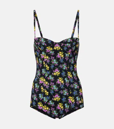 Dolce & Gabbana Small Floral-print Balconette One-piece Swimsuit In Black