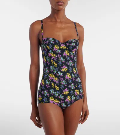 Dolce & Gabbana Small Floral-print Balconette One-piece Swimsuit In Black
