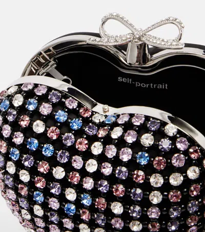 Self-portrait Multicolor Heart Shaped Clutch With Pearl Embellishments And Bow Detail In Tech Fabric Woman In Pattern