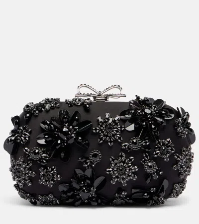 Self-portrait Crystal-embellished Floral Satin Clutch In Gold