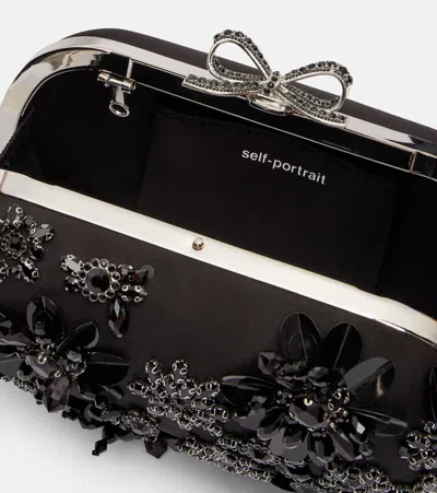 Self-portrait Crystal-embellished Floral Satin Clutch In Gold