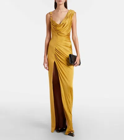 Versace Medusa '95 Draped Jersey Gown In Yellow