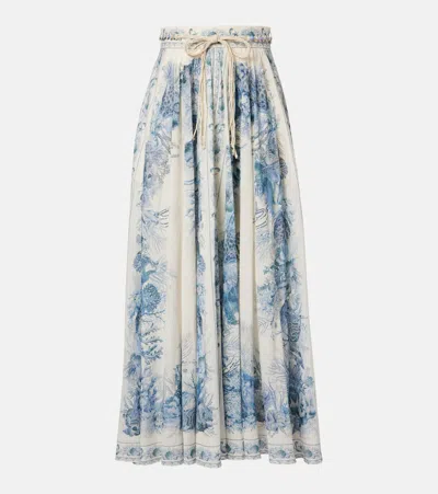 Zimmermann Wanderlust Belted Pleated Printed Cotton Maxi Skirt In Blue