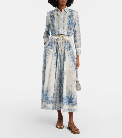 Zimmermann Wanderlust Belted Pleated Printed Cotton Maxi Skirt In Blue