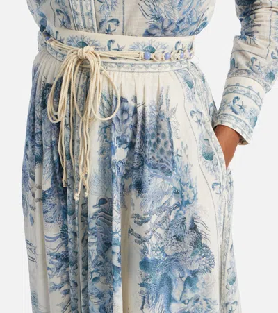 Zimmermann Wanderlust Belted Pleated Printed Cotton Maxi Skirt In Blue