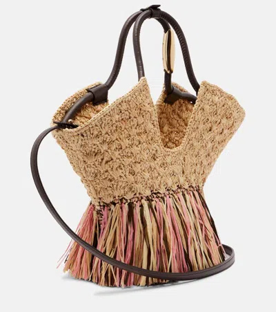 Zimmermann Goldentime Small Fringed Raffia Tote Bag In Red