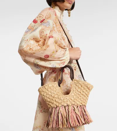 Zimmermann Goldentime Small Fringed Raffia Tote Bag In Red