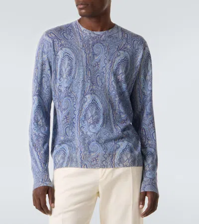 Etro Silk And Cashmere Sweater With Floral Arnica Motif In Blue