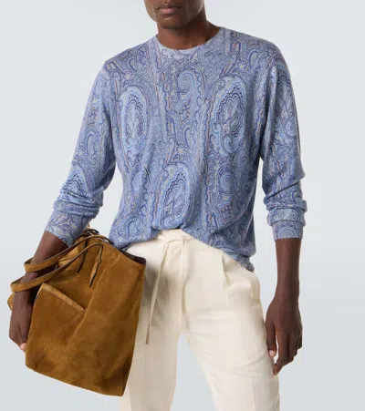 Etro Silk And Cashmere Sweater With Floral Arnica Motif In Blue