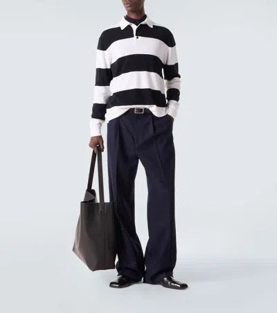 Allude Striped Wool And Cashmere Polo Sweater In White
