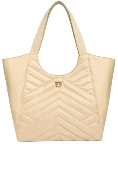 Pinko Shopper Bag In Puzzle-quilted Recycled Fabric In Beige-smoke Grey-antique Gold