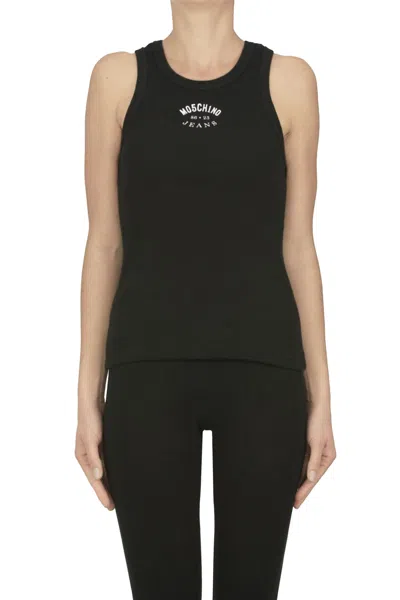 Moschino Designer Logo Ribbed Tank Top In Black