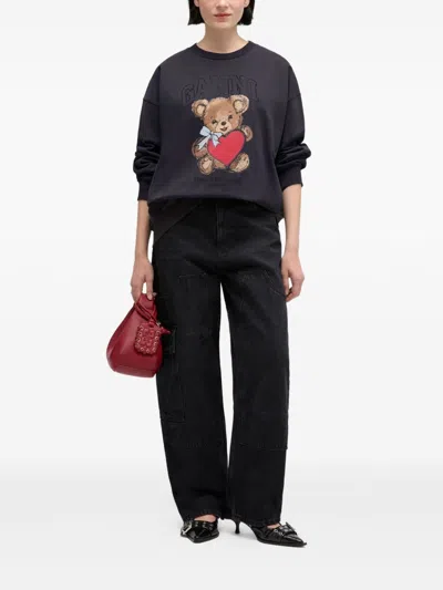 Ganni Bear Graphic Sweatshirt With Rhinestones In Black