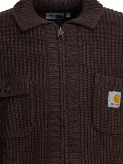 Carhartt Ip Mens Chore Logo-patch Knitted Wool-blend Cardigan Palisander In Brown
