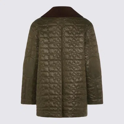 Ganni Down Jacket Corduroy Collar Front Pockets In Green