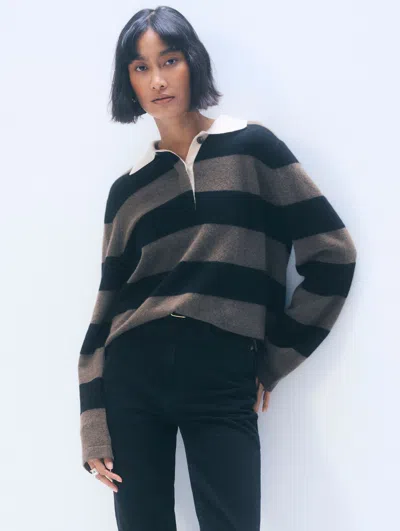 White & Warren Cashmere Rugby Stripe Polo Sweater In Black/dachshund In Gray