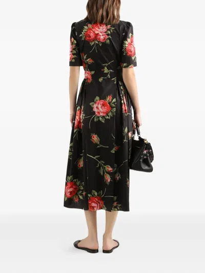 Dolce & Gabbana Rose Bouquet-print Poplin Shirt Dress Clothing In Black