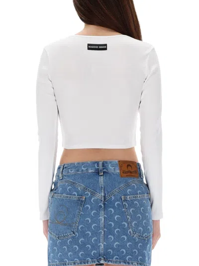 Marine Serre Short Sleeve Cropped Top With Scoop Neck In White