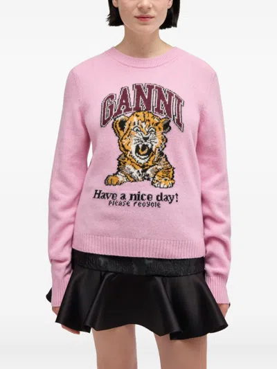 Ganni Graphic Print Long Sleeve Crew Neck Sweater In Pink