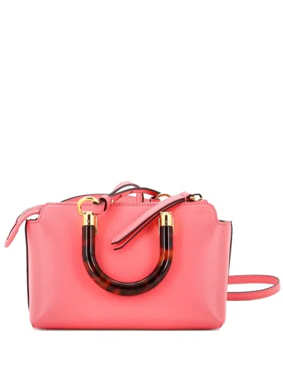 Pre-owned Fendi Logo By The Way Top Handle Bag Embossed Leather Mini Crossbody Bag In Pink