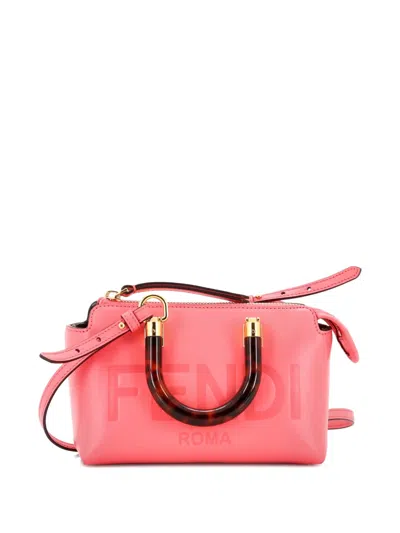 Pre-owned Fendi Logo By The Way Top Handle Bag Embossed Leather Mini Crossbody Bag In Pink