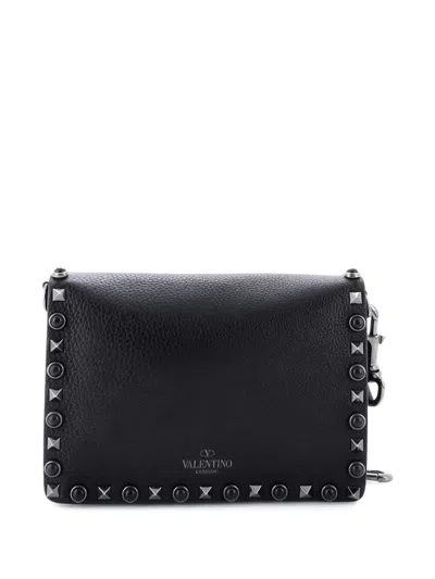 Pre-owned Valentino Garavani Rolling Rockstud Leather With Cabochons Small Crossbody Bag In Black
