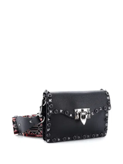 Pre-owned Valentino Garavani Rolling Rockstud Leather With Cabochons Small Crossbody Bag In Black