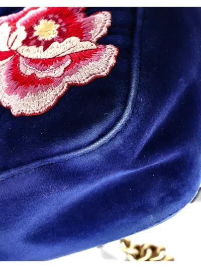Pre-owned Gucci Gg Marmont Flap Bag Embroidered Matelasse Velvet Medium Shoulder Bag In Blue