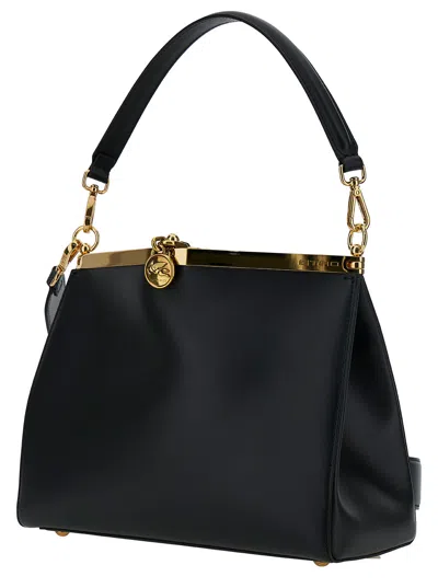 Etro Medium Vela Black Shoulder Bag With Logo And Pegasus Charm In Leather Woman In Black