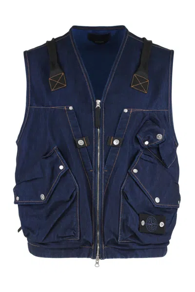 Stone Island Indigo Blue Zip Vest In Cotton Blend