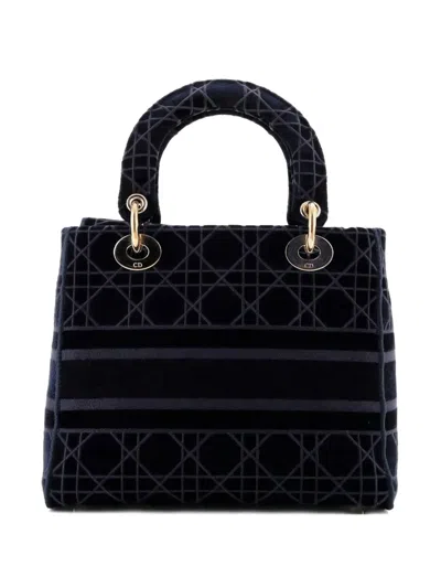 Pre-owned Dior Lady D-lite Bag Cannage Embroidered Velvet Medium Tote Bag In Blue