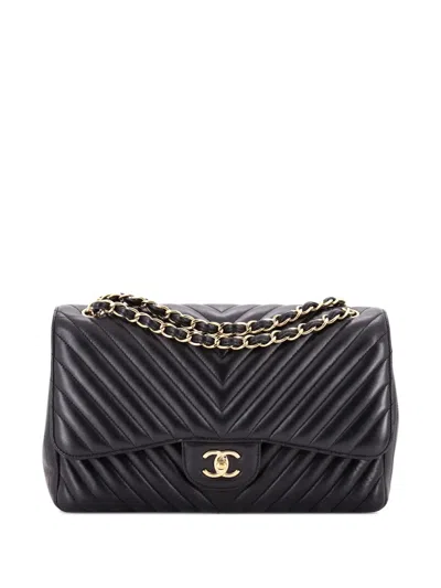 Pre-owned Chanel Classic Double Flap Bag Chevron Lambskin Jumbo Shoulder Bag In Black