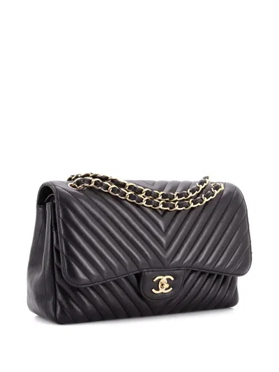 Pre-owned Chanel Classic Double Flap Bag Chevron Lambskin Jumbo Shoulder Bag In Black
