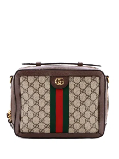 Pre-owned Gucci Ophidia Zip Around Camera Bag Gg Coated Canvas Small Shoulder Bag In Brown