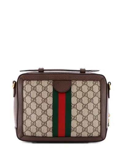 Pre-owned Gucci Ophidia Zip Around Camera Bag Gg Coated Canvas Small Shoulder Bag In Brown