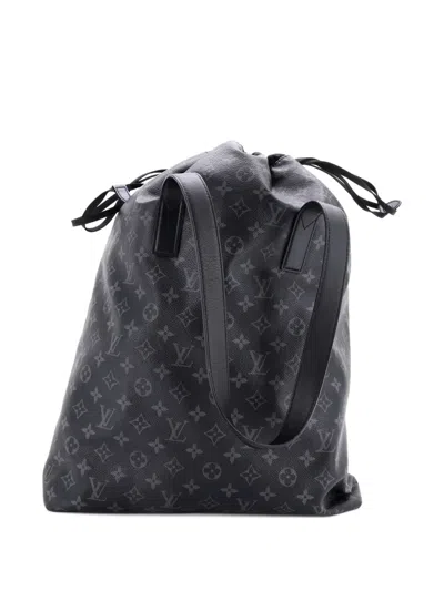 Pre-owned Louis Vuitton Cabas Light Drawstring Bag Monogram Eclipse Canvas Shoulder Bag In Black