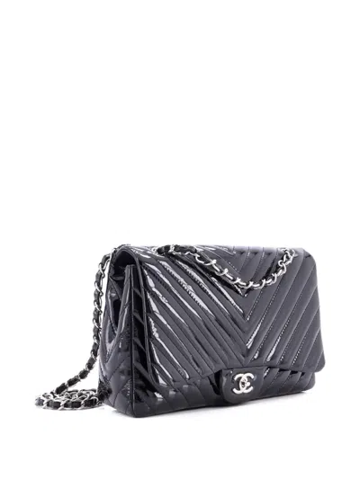 Pre-owned Chanel Classic Single Flap Bag Chevron Patent Maxi Shoulder Bag In Black