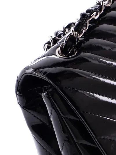 Pre-owned Chanel Classic Single Flap Bag Chevron Patent Maxi Shoulder Bag In Black