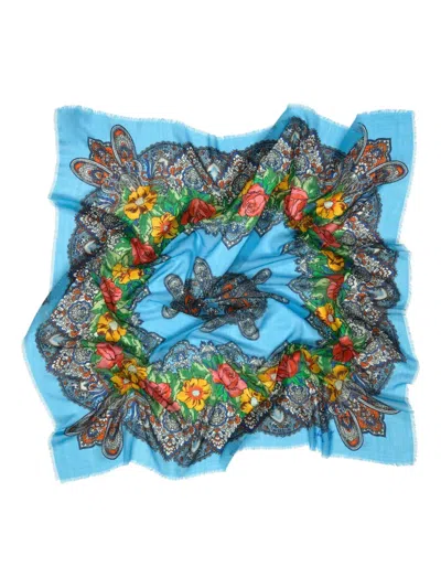 Bimba Y Lola Floral Wool Scarf In Blue