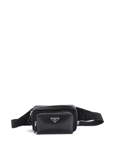 Pre-owned Prada Zip Around Front Pocket Re-nylon With Leather Belt Bag In Black