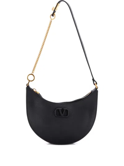 Pre-owned Valentino Garavani Vlogo Leather Mini Hobo Bag In Black