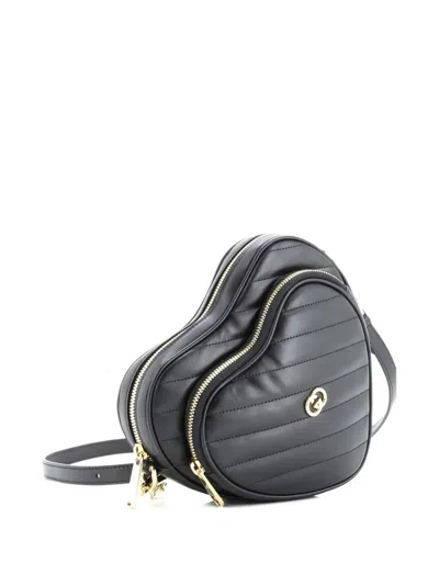 Pre-owned Gucci Interlocking G Heart Diagonal Quilted Leather Mini Shoulder Bag In Black