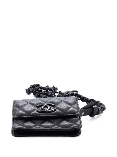 Pre-owned Chanel My Everything Flap Card Holder Quilted Caviar Belt Bag In Black