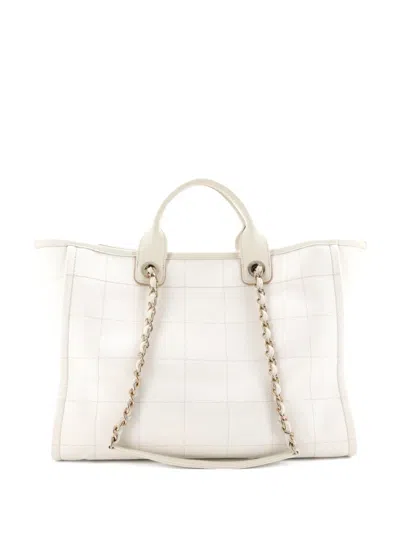 Pre-owned Chanel Deauville Nm Square Stitched Canvas Medium Tote Bag In White