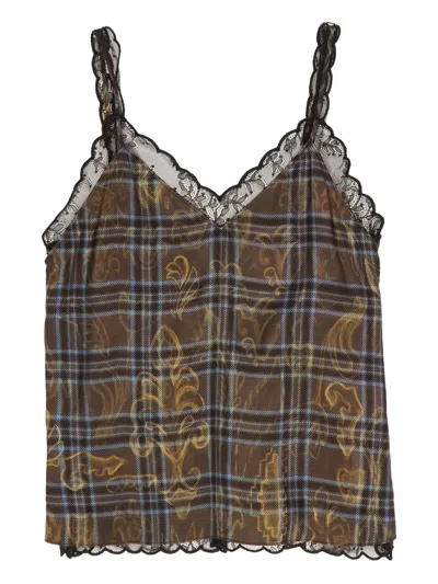 Bimba Y Lola Lace Trim Plaid Top In Brown