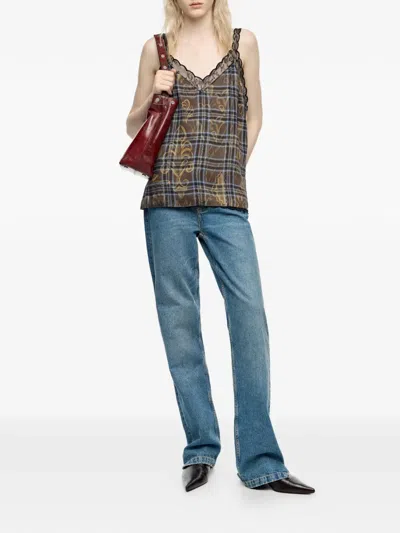 Bimba Y Lola Lace Trim Plaid Top In Brown