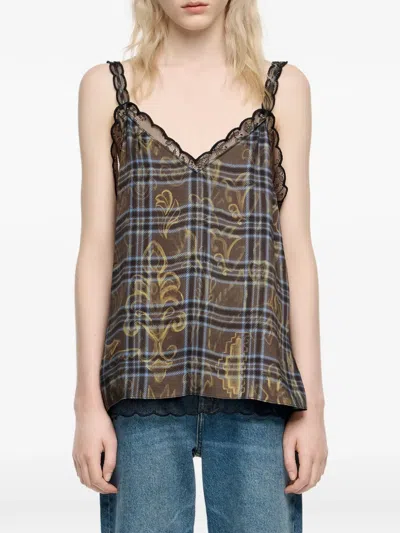 Bimba Y Lola Lace Trim Plaid Top In Brown