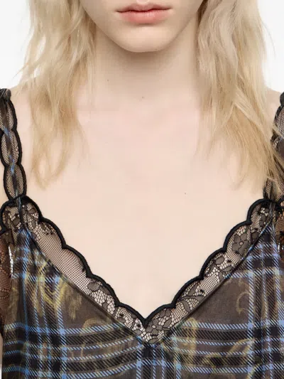 Bimba Y Lola Lace Trim Plaid Top In Brown