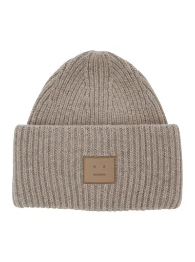 Acne Studios Women Beige Knit Beanie With Patch On The Front In Wool Blend Woman In Gray